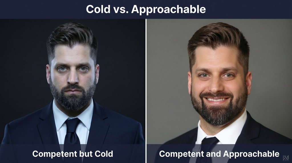 Side-by-side comparison of two professional attorney headshots: left shows a stone-faced unsmiling lawyer with cool clinical lighting against a dark background labeled 'Competent but Cold'; right shows the same type of professional with a genuine slight smile, warmer lighting, and neutral gray background labeled 'Competent and Approachable'