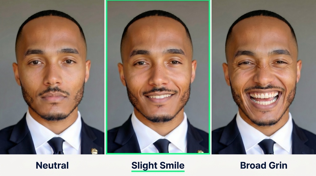 Three side-by-side attorney headshots of the same professional showing three expressions: a neutral stone face on the left, a genuine slight smile with engaged eyes in the center, and a broad toothy grin on the right, all against a consistent neutral gray studio background.