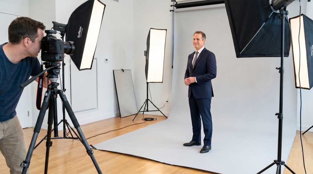 Behind-the-scenes view of a professional photography studio set up for an attorney headshot session, showing softbox lights, a neutral gray backdrop, camera on tripod, and an attorney in a dark suit being photographed