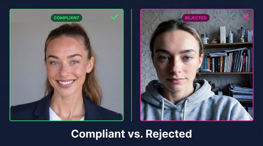 Side-by-side comparison of two medical residency application headshots: left shows a compliant photo with correct portrait dimensions, centered face, neutral gray background, and professional attire; right shows a non-compliant photo with stretched/distorted proportions, cluttered background, and casual clothing.