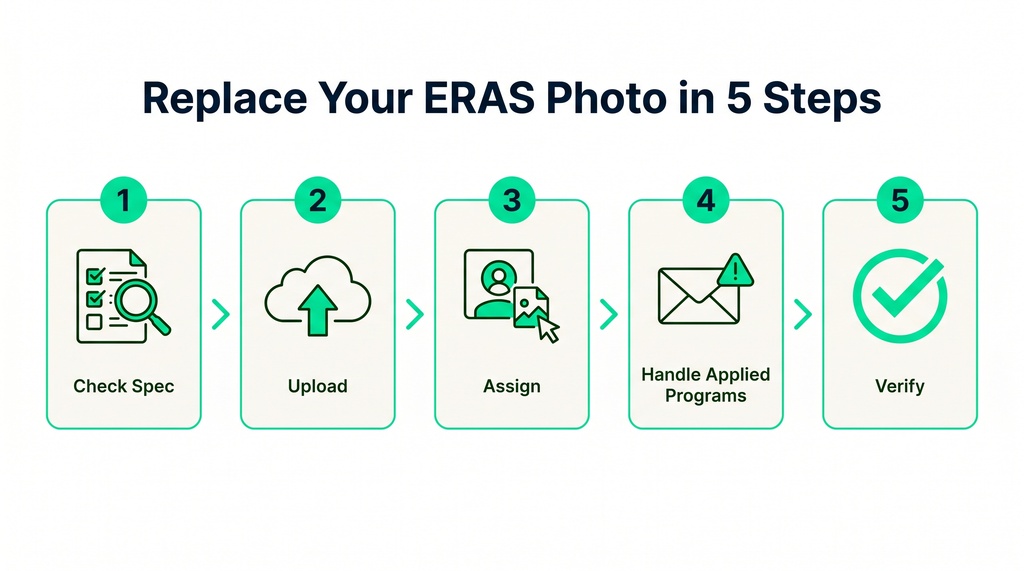 Illustrated five-step workflow for replacing an ERAS photo, showing steps: Check Spec, Upload, Assign, Handle Applied Programs, and Verify, each with a simple icon