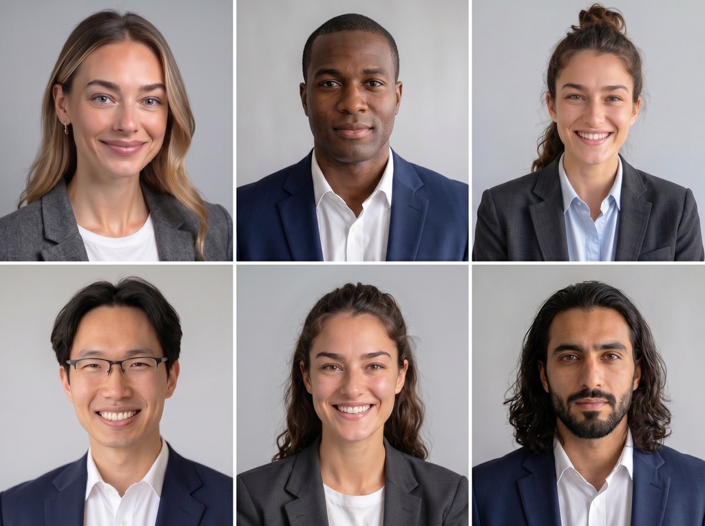 Grid of six professional ERAS-style headshots showing diverse medical applicants of varied gender, age, and ethnicity, all wearing navy or charcoal blazers against consistent neutral gray backgrounds with natural expressions and centered framing.