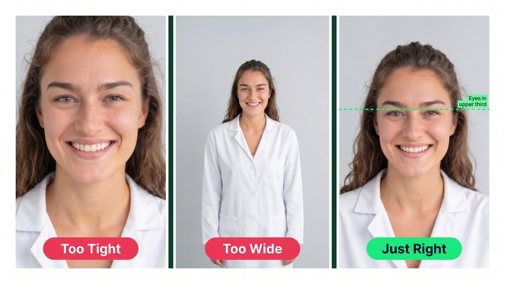Three side-by-side portrait crops of the same person against a neutral gray backdrop, labeled 'Too Tight' (head clipped at top), 'Too Wide' (full torso, small face), and 'Just Right' (head and shoulders, eyes in upper third).
