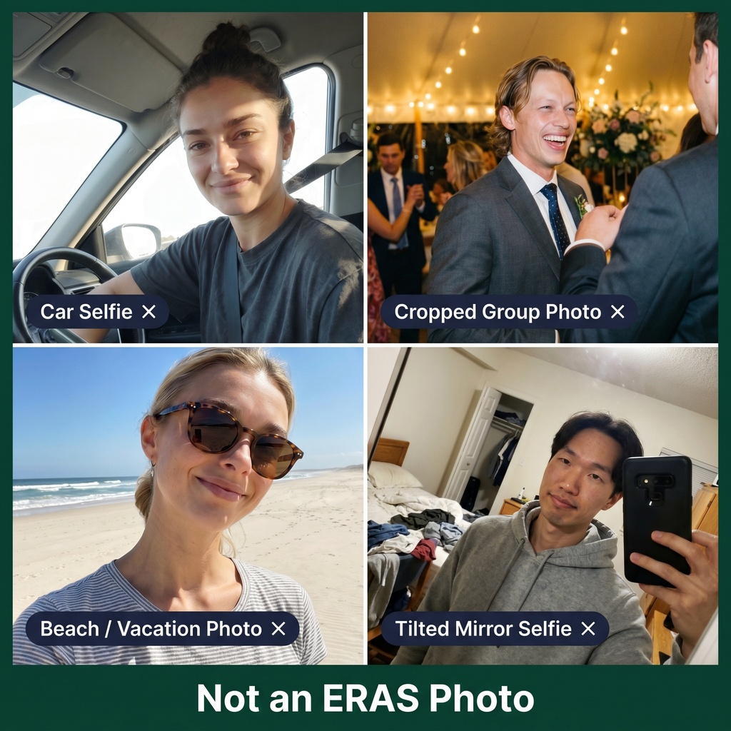 A 2x2 grid of four casual photos labeled as ERAS photo mistakes: a car selfie with seatbelt visible, a cropped wedding photo, a beach photo with sunglasses, and a tilted phone selfie taken at home.