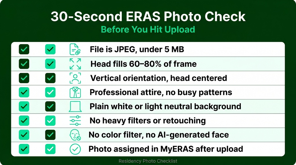 Illustrated eight-point ERAS photo pre-upload checklist titled '30-Second ERAS Photo Check' covering file format, framing, wardrobe, editing, and photo assignment steps, displayed as a vertical checklist with icons and checkboxes on a dark evergreen background.