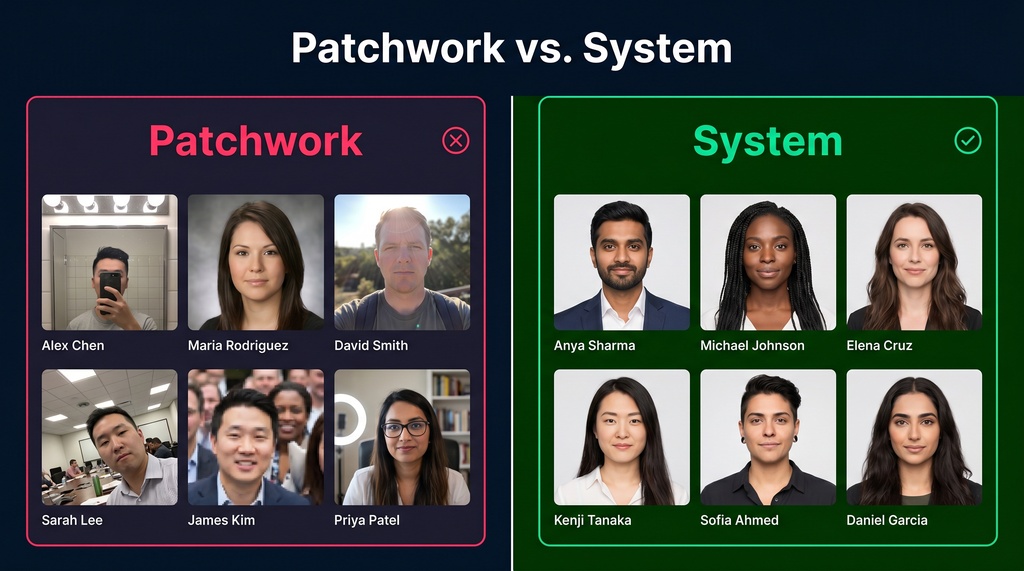 Side-by-side comparison of two company team pages: the left shows mismatched headshots with varied backgrounds, lighting, and crops including a selfie; the right shows a clean, uniform grid with matching professional headshots.