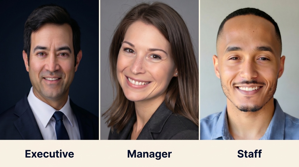 Three professional headshots arranged side by side showing how background, lighting, and attire differ across seniority levels: executive on left with dark navy background and dramatic lighting, manager in center with medium gray background and balanced lighting, staff on right with light gray background and soft even lighting