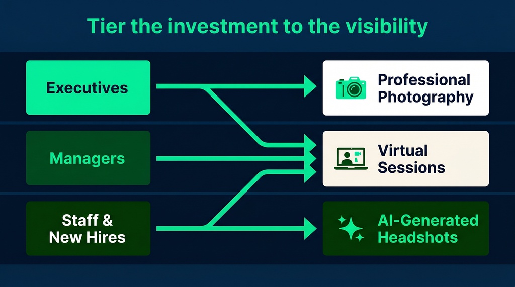 A decision flow diagram showing how different employee tiers map to professional photography, virtual sessions, or AI-generated headshots