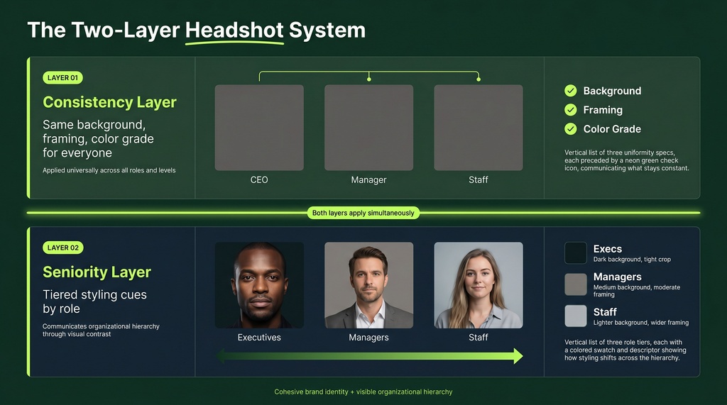 Side-by-side infographic showing two stacked horizontal bands: the Consistency Layer on top (uniform specs applied to all employees) and the Seniority Layer below (tiered styling cues by role, from executives with dark backgrounds and tight crops to staff with lighter and wider framing), illustrating how both systems work together to create a cohesive yet hierarchical team page.