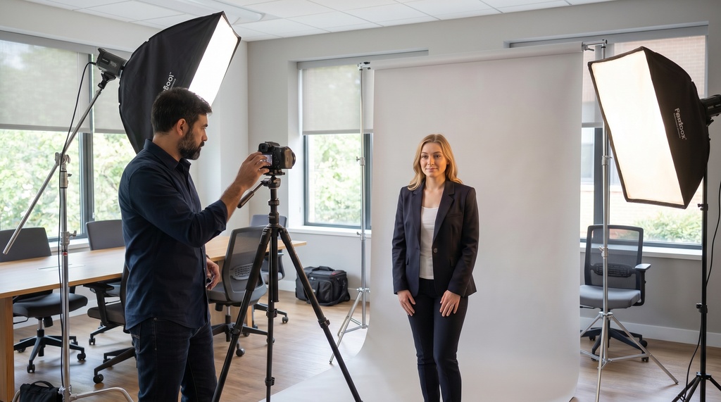 A conference room converted into a temporary headshot studio, featuring a white paper backdrop, two softbox lights on stands, a camera on a tripod, and a professional photographer photographing a business-attired subject