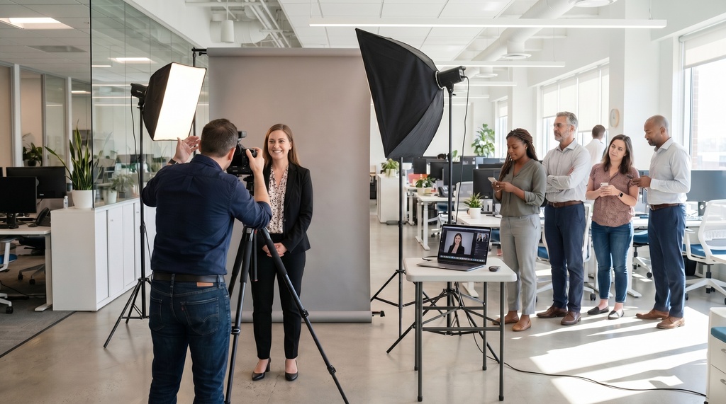 A photographer operating a portable headshot station in a modern open-plan office, with lighting umbrellas, a neutral backdrop, and a line of employees in business attire waiting their turn