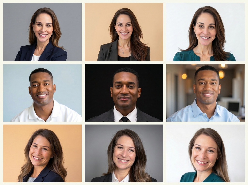 A 3x3 grid of professional AI-generated headshots showing the same diverse professionals in varied business attire, poses, and studio backgrounds, demonstrating the style variety produced by AI headshot tools