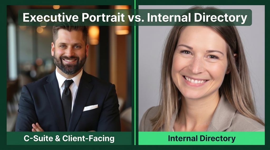 Side-by-side comparison of a polished executive portrait in a boardroom setting on the left versus a clean standard professional headshot on a neutral background on the right, illustrating the difference in polish level between C-suite and internal directory photography.