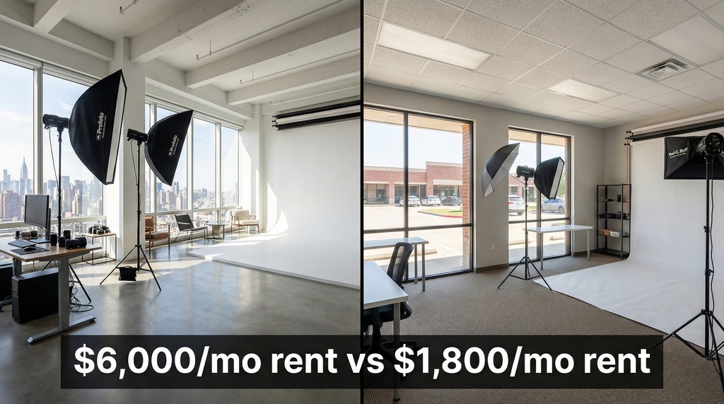 Side-by-side comparison showing an expensive Manhattan photography studio with floor-to-ceiling windows and city views next to a modest but professional suburban Texas studio