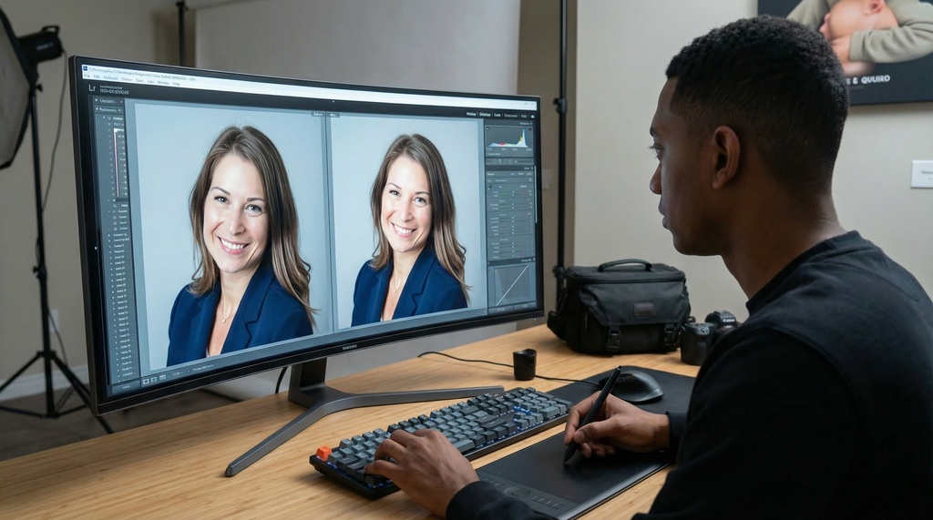 Professional photographer working at a computer monitor displaying before and after comparison of headshot retouching, with editing software interface visible