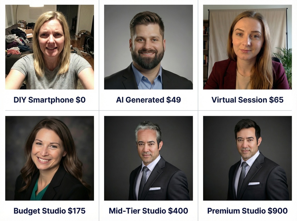A 2x3 grid showing six different professional headshots comparing quality across price points from DIY smartphone ($0) to premium studio ($900), each featuring diverse professionals with varying background and lighting quality