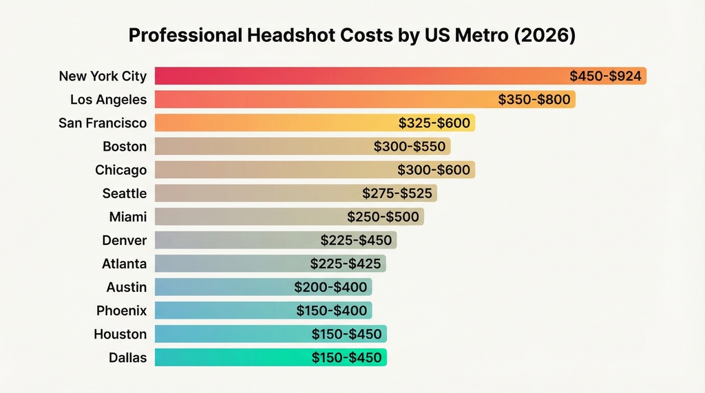 Horizontal bar chart showing professional headshot pricing ranges across 13 major US metropolitan areas, sorted from highest to lowest by average price. New York City leads at $450-$924, while Dallas and Houston tie for lowest at $150-$450.