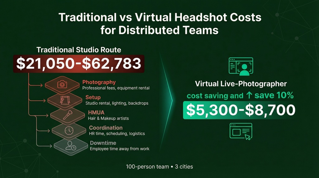 Cost comparison infographic showing traditional studio headshots cost $21,050-$62,783 versus virtual live-photographer at $5,300-$8,700 for a 100-person team across 3 cities