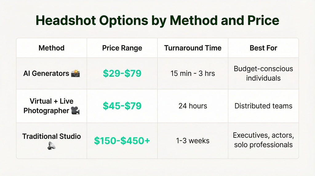 Comparison table showing three headshot methods with their price ranges, turnaround times, and ideal use cases
