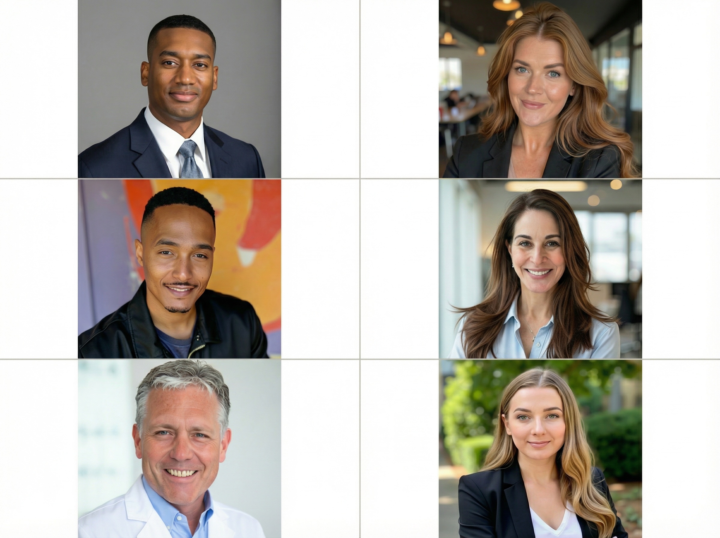 Grid showing six professional headshot examples: corporate formal, business casual, creative professional, tech startup, healthcare, and outdoor styles with diverse subjects