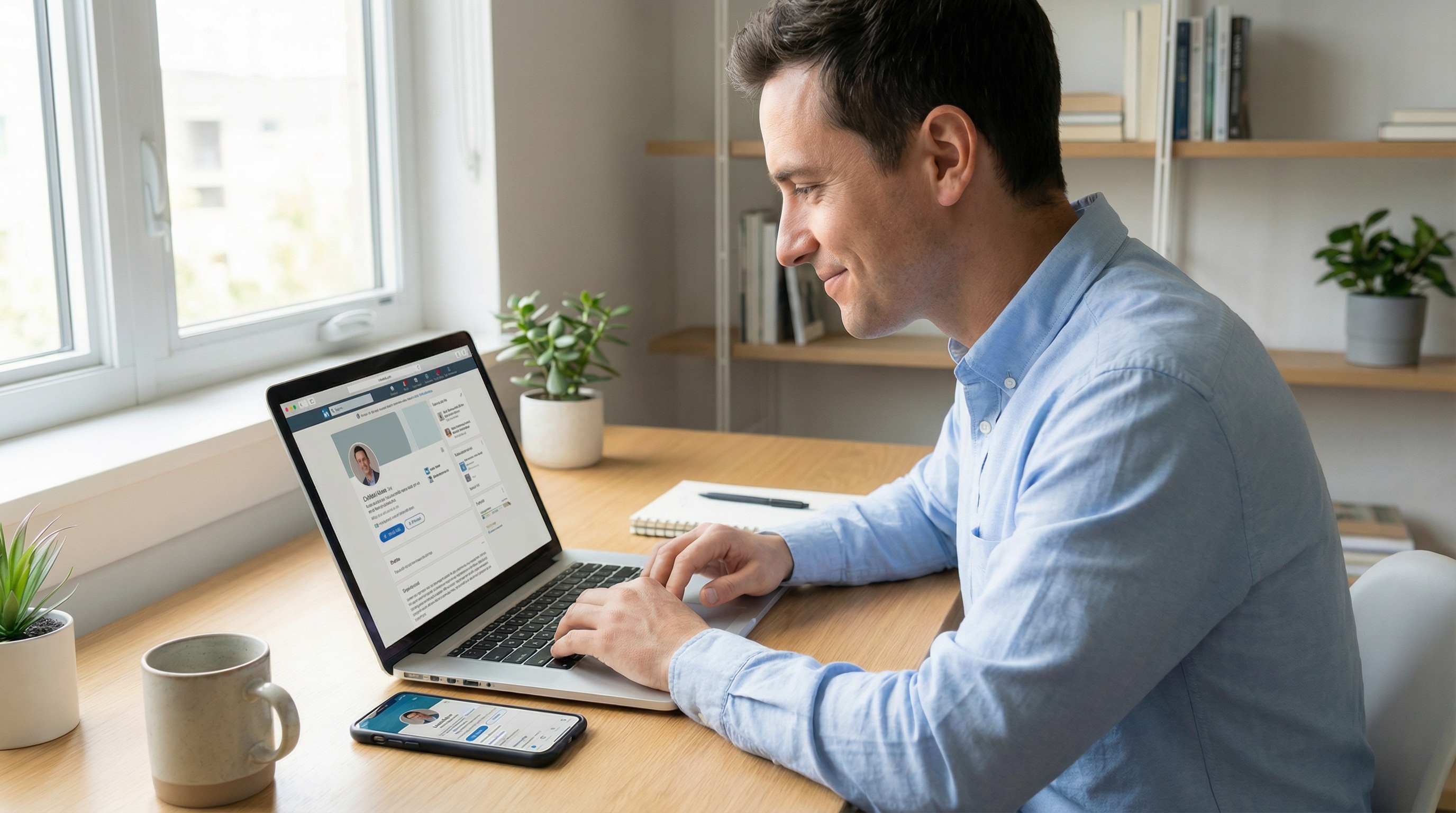 Professional person sitting at a clean desk, viewing their complete LinkedIn profile on a laptop screen while their mobile phone displays the same profile, in a bright modern workspace