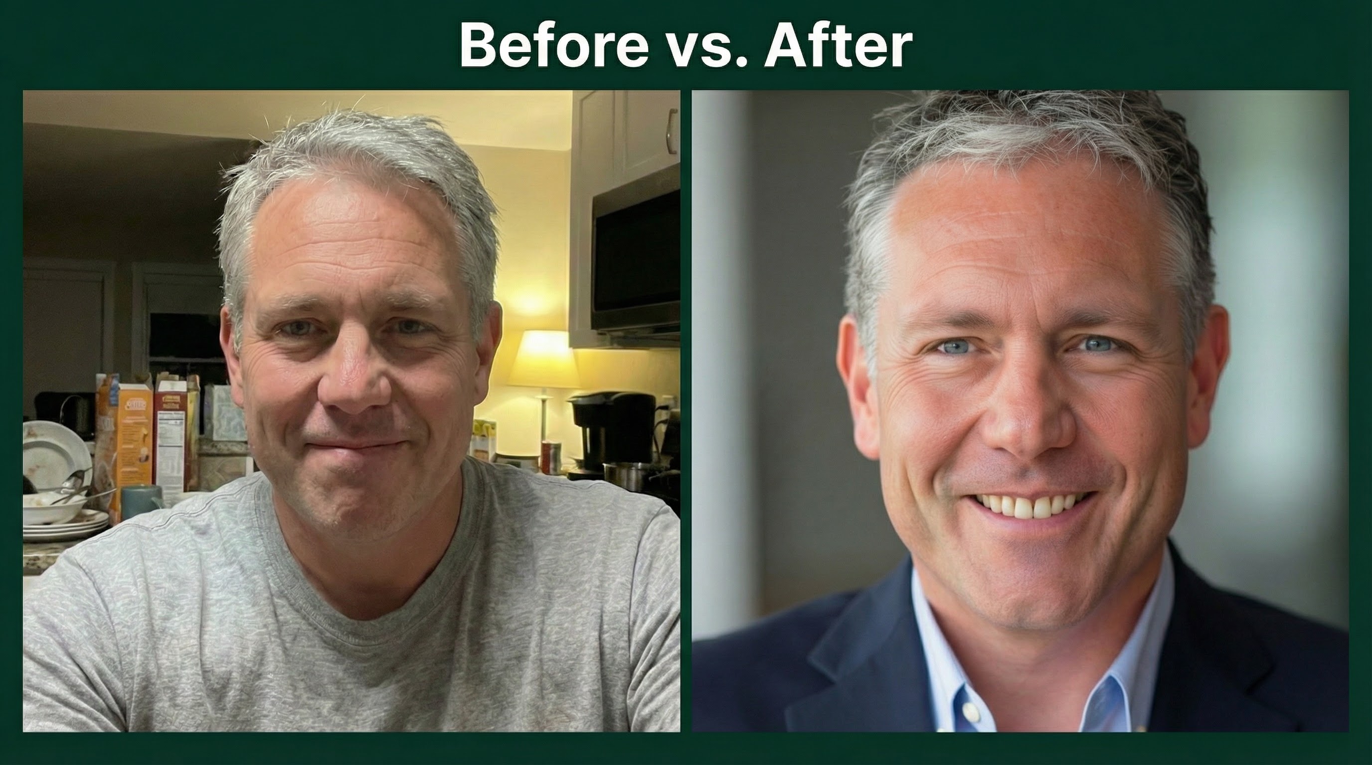 Side-by-side comparison showing a poor quality LinkedIn photo with harsh lighting and cluttered background next to a professional headshot with soft lighting and clean background