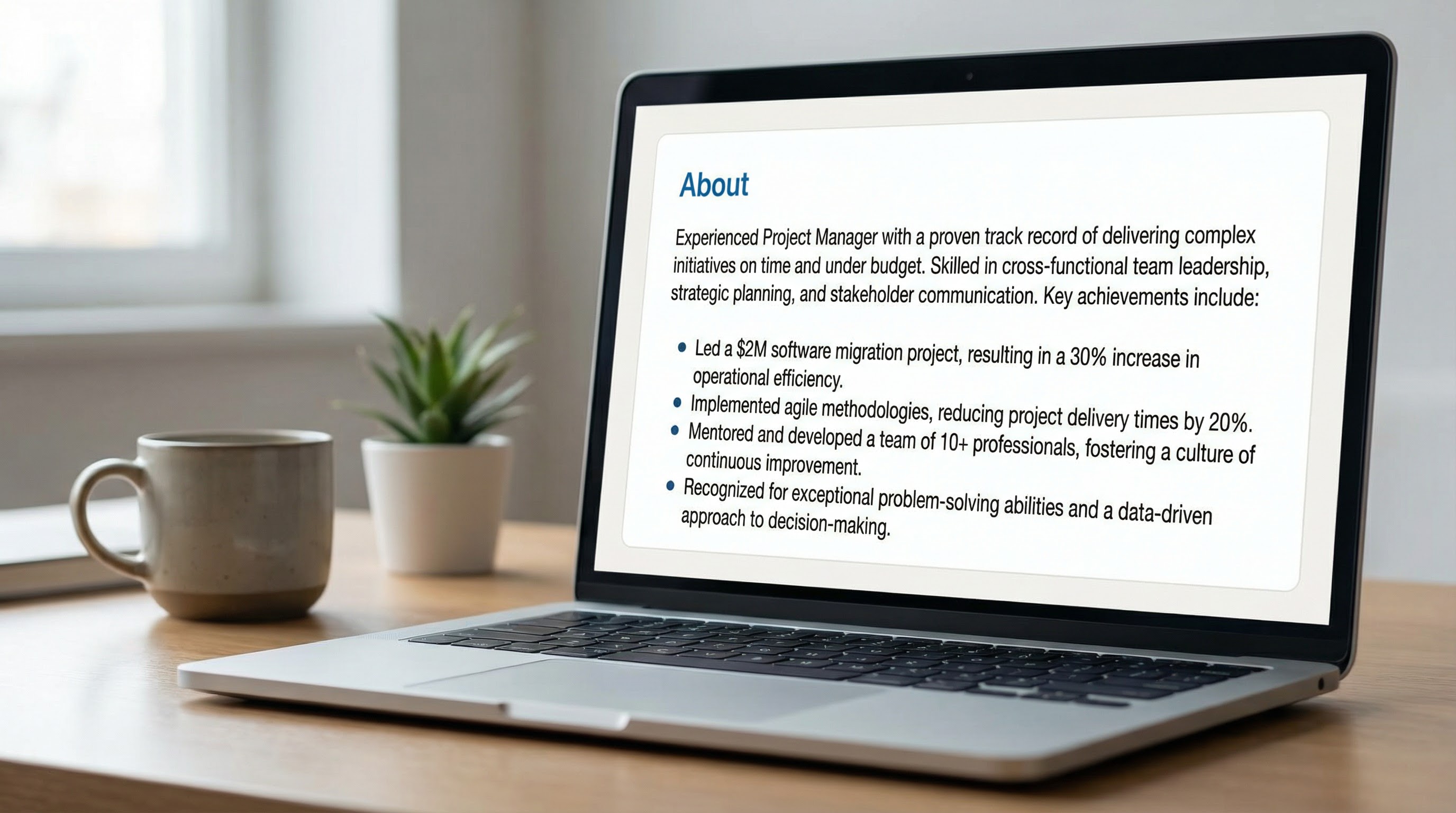 Screenshot of a LinkedIn About section displaying clean formatting with bullet points, clear white space, and professional layout on a device screen