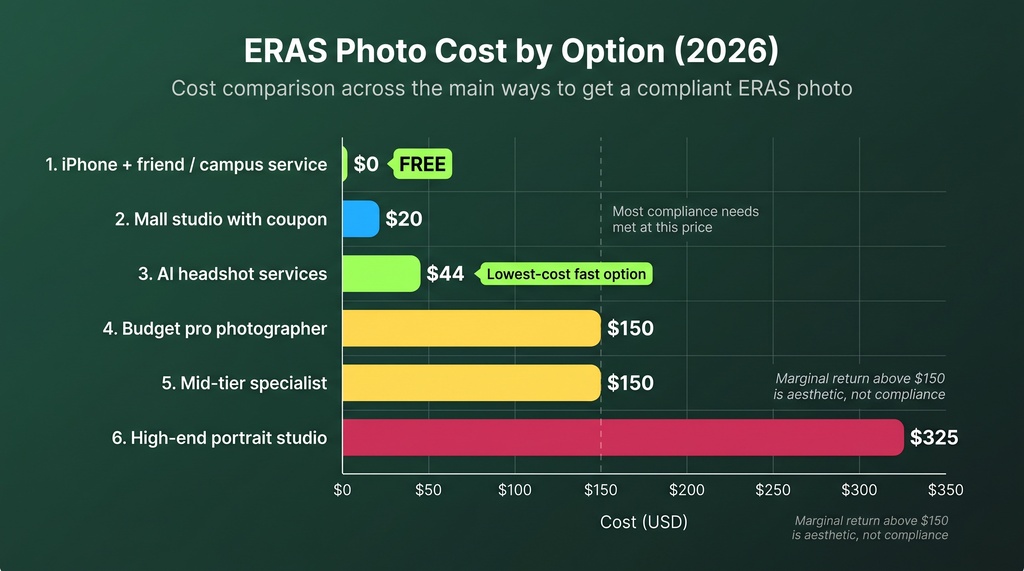 Horizontal bar chart comparing ERAS photo costs in 2026 across six options, ranging from $0 for iPhone or campus service to $325 for a high-end portrait studio, with AI headshot services at $44 highlighted as the most affordable fast option.