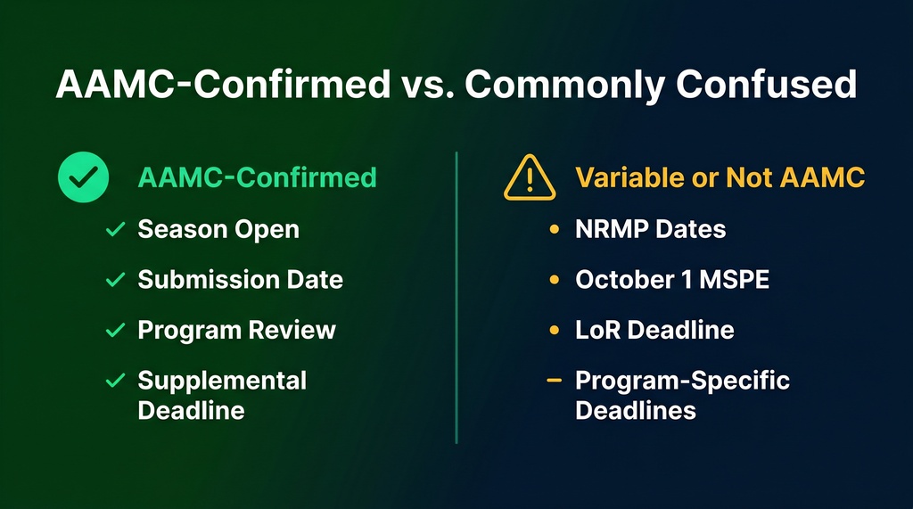Infographic with two columns: left column labeled 'AAMC-Confirmed' with a green checkmark lists Season Open, Submission Date, Program Review, and Supplemental Deadline; right column labeled 'Variable or Not AAMC' with a caution icon lists NRMP Dates, October 1 MSPE, LoR Deadline, and Program-Specific Deadlines.