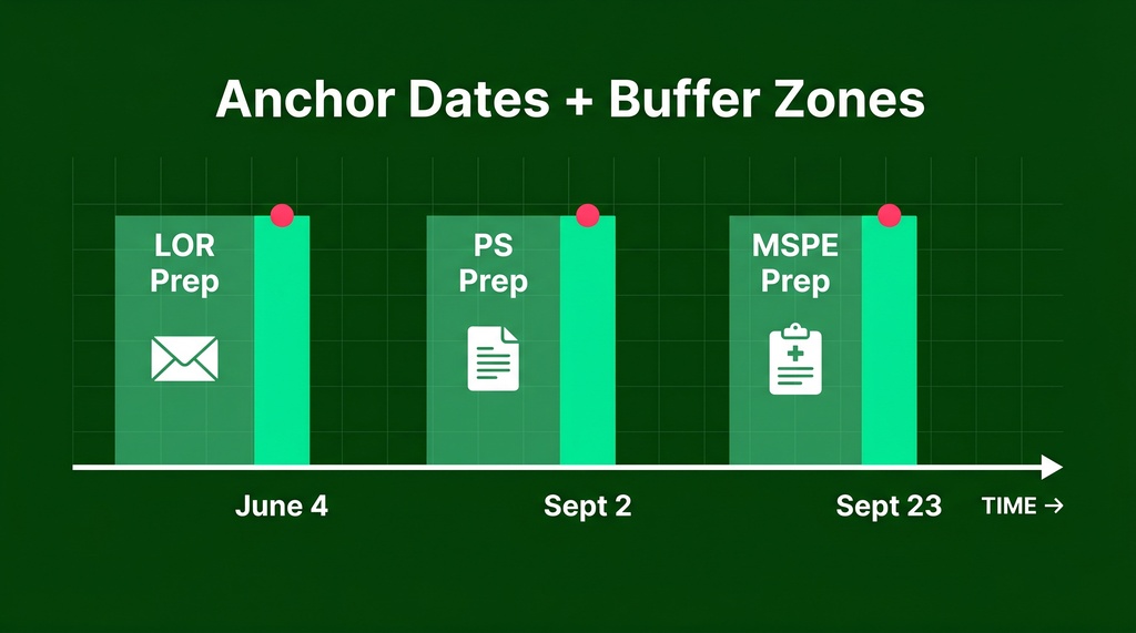 Flat illustration of a horizontal timeline showing three fixed AAMC anchor dates (June 4, Sept 2, Sept 23) as solid vertical pillars, each preceded by a shaded buffer zone representing preparation time for letters of recommendation, personal statement, and MSPE.