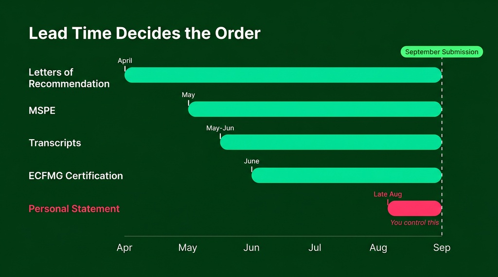 Horizontal timeline infographic showing five ERAS application items (Letters of Recommendation, MSPE, Transcripts, ECFMG Certification, and Personal Statement) as horizontal bars of varying lengths, all converging at a September submission deadline. Long-lead items start months earlier on the left; the Personal Statement bar is short, near the deadline on the right.