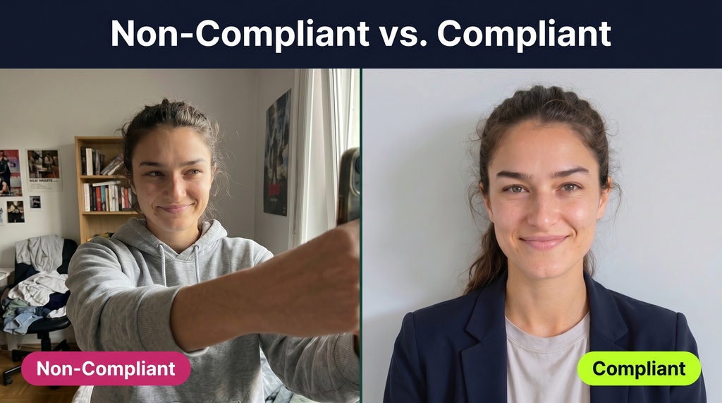 Side-by-side comparison of two headshots: on the left, a non-compliant casual phone selfie taken in a cluttered room with casual clothing; on the right, a compliant ERAS professional headshot with plain light gray background, navy blazer, centered framing, and neutral expression.