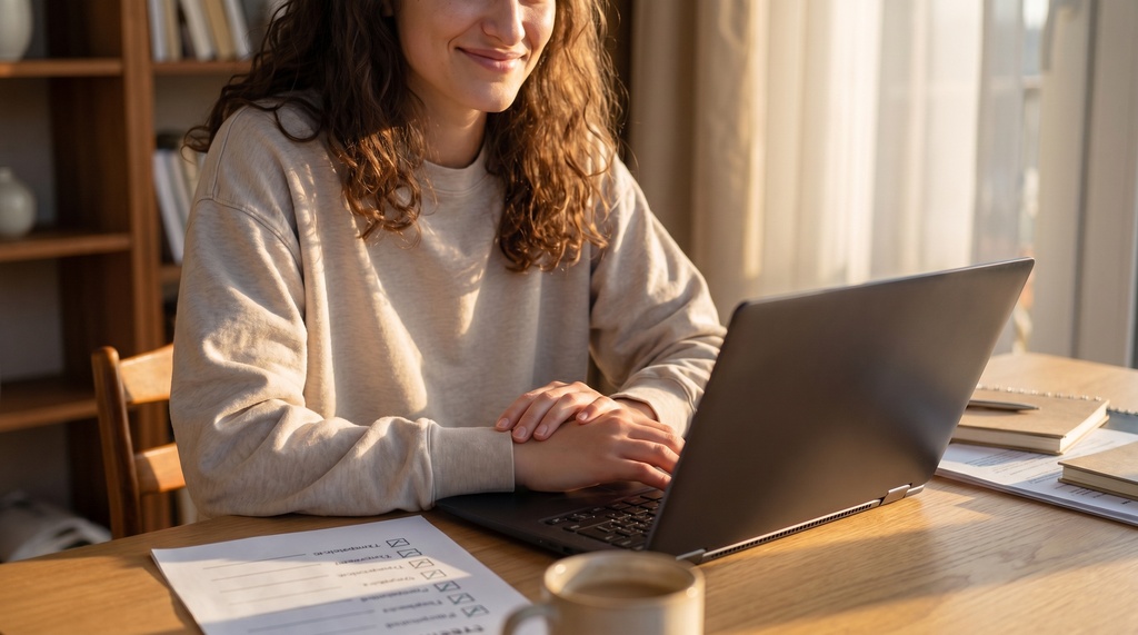 A confident medical student calmly closing a laptop at a desk in warm evening light, with a completed paper checklist visible nearby