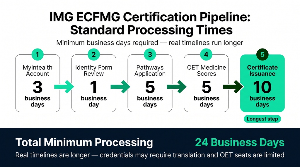 Horizontal process flow diagram showing the 5-step ECFMG certification pipeline for IMG applicants, with processing times of 3, 1, 5, 5, and 10 business days per step, totaling 24 business days of standard processing.