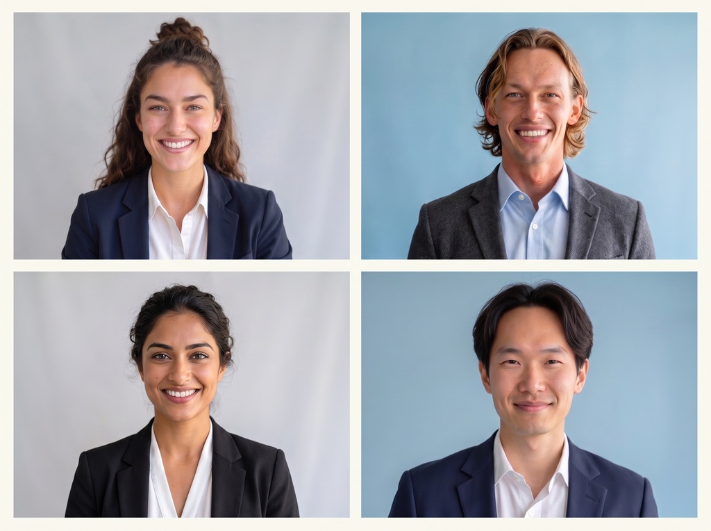 Grid of four professional headshots showing diverse medical professionals in navy, charcoal, and dark forest green blazers over solid shirts against clean neutral studio backgrounds