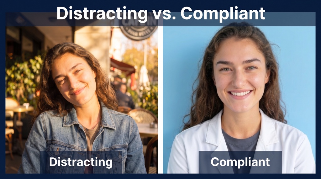 Side-by-side comparison of two headshots of the same medical professional. Left shows a distracting outdoor café background with casual attire. Right shows a clean light-blue studio backdrop with professional business attire and proper head-and-shoulders framing.
