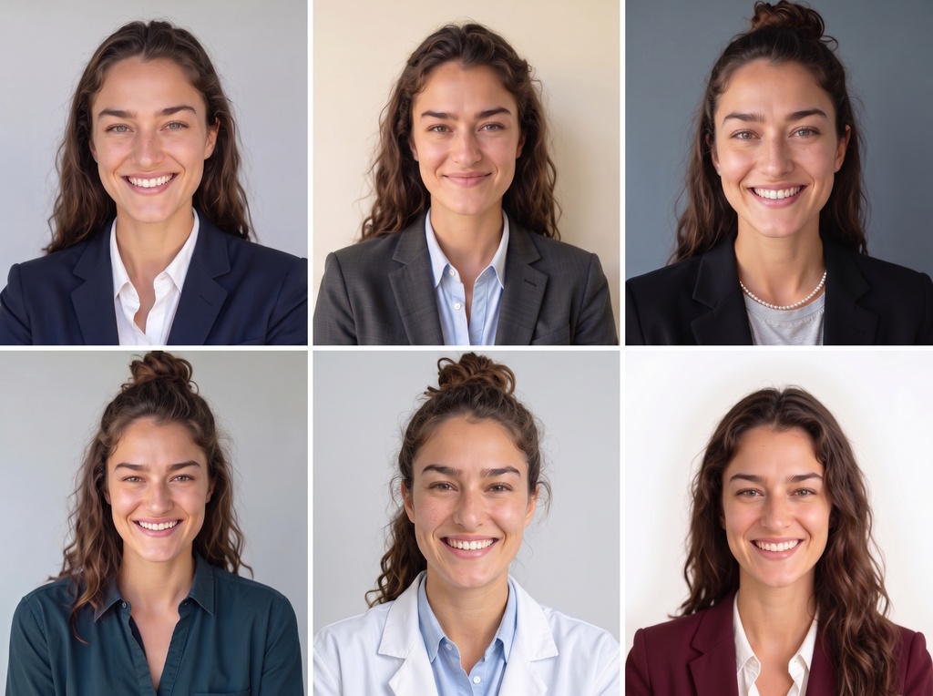 A 3x2 grid of six professional AI-generated headshots showing the same person in different business-formal outfits against neutral light gray and soft blue studio backgrounds, all cropped consistently at head-and-shoulders framing suitable for ERAS applications.