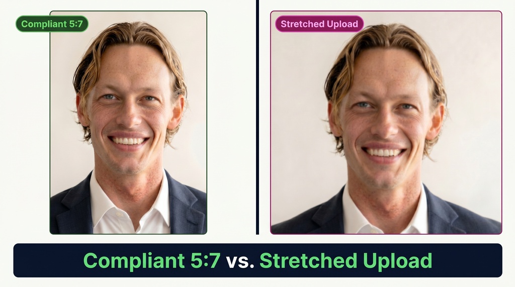 Side-by-side comparison of two medical residency application headshots: the left shows a correctly formatted 5:7 portrait with a centered face and sharp focus, while the right shows the same photo stretched horizontally and slightly blurred, illustrating a distorted upload.
