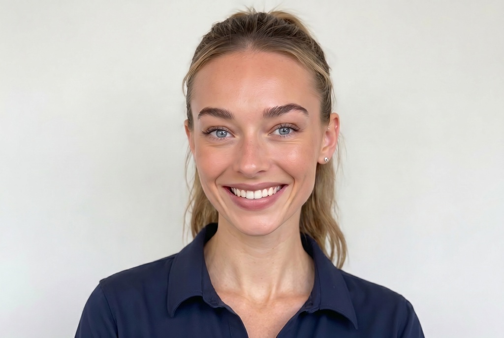 Example of a compliant ERAS headshot: a young medical professional in a clean collared shirt, centered face with neutral expression, no glasses, shoulders visible, against a plain off-white studio background with soft even lighting