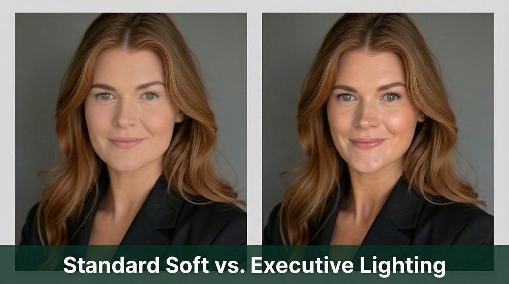 Side-by-side comparison of the same professional woman: left image with flat soft lighting, right image with defined rim lighting that enhances jawline and executive presence