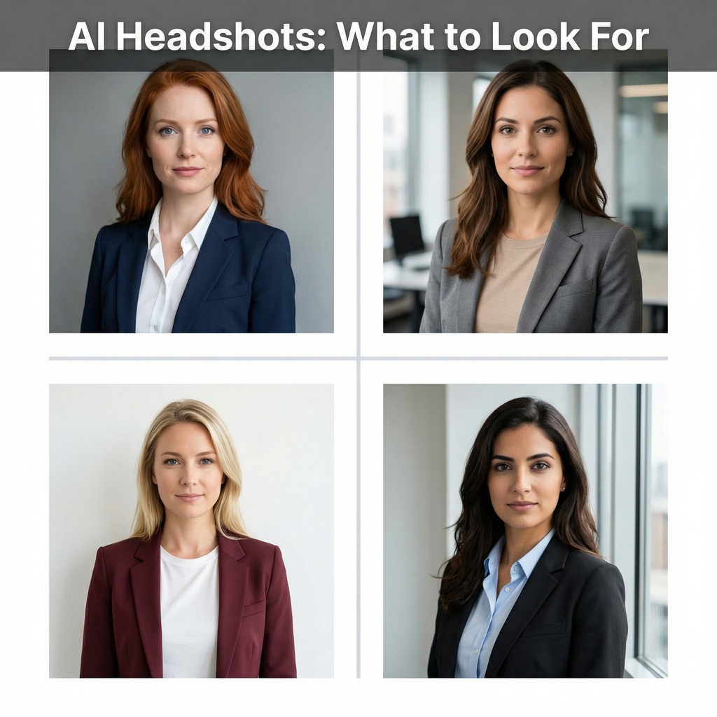 A 2x2 grid comparing AI-generated headshots of diverse women, showing successful natural-looking results in the top row versus problematic over-smoothed and altered features in the bottom row