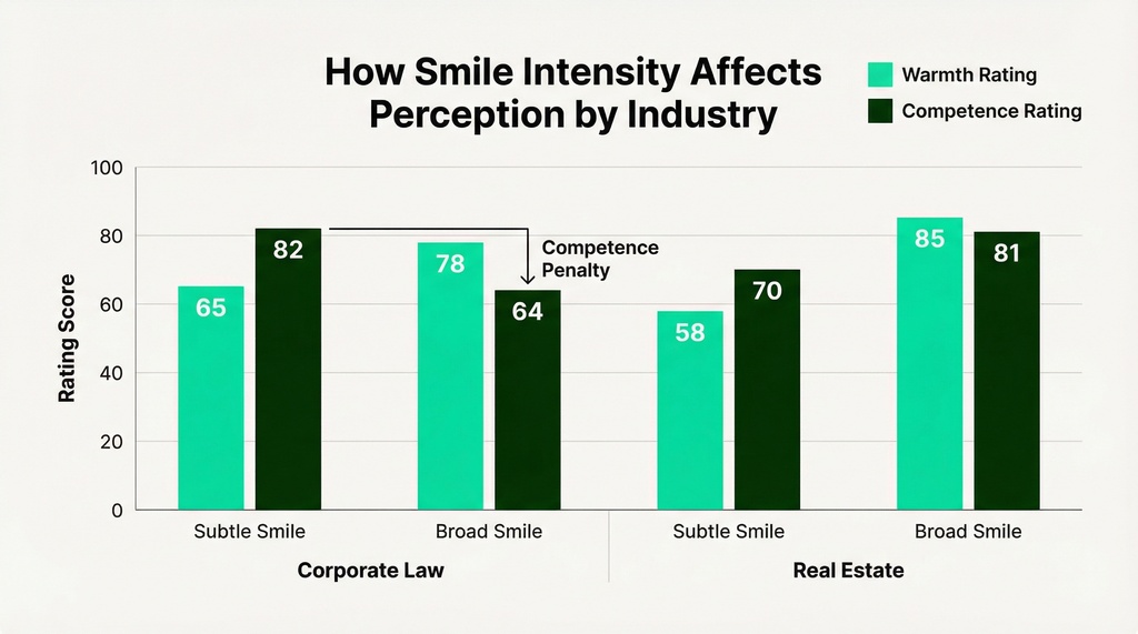 Grouped bar chart comparing warmth and competence ratings across Corporate Law and Real Estate industries for subtle versus broad smiles, showing competence penalty for broad smiles in corporate fields