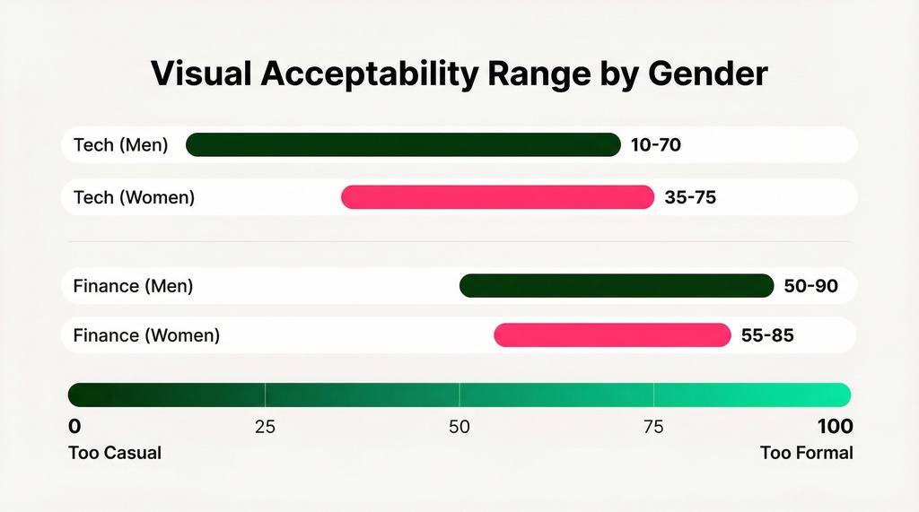 Horizontal range chart showing acceptable formality spectrum from 0-100 for men and women in tech and finance industries. Women consistently have narrower acceptable ranges than men in the same industries.