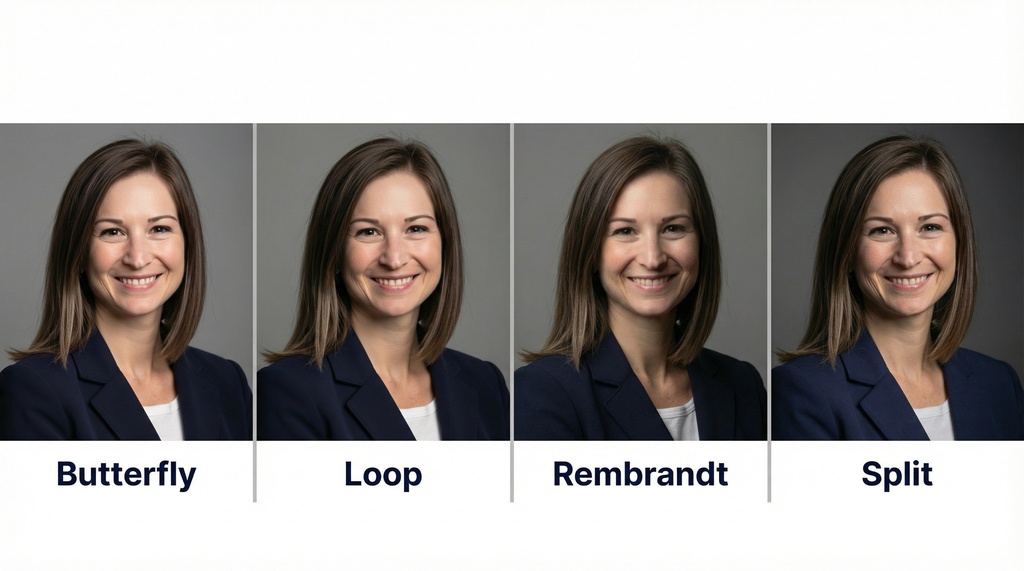 Side-by-side comparison showing the same woman photographed with four different portrait lighting patterns: butterfly, loop, Rembrandt, and split lighting, demonstrating how each creates different shadows and moods