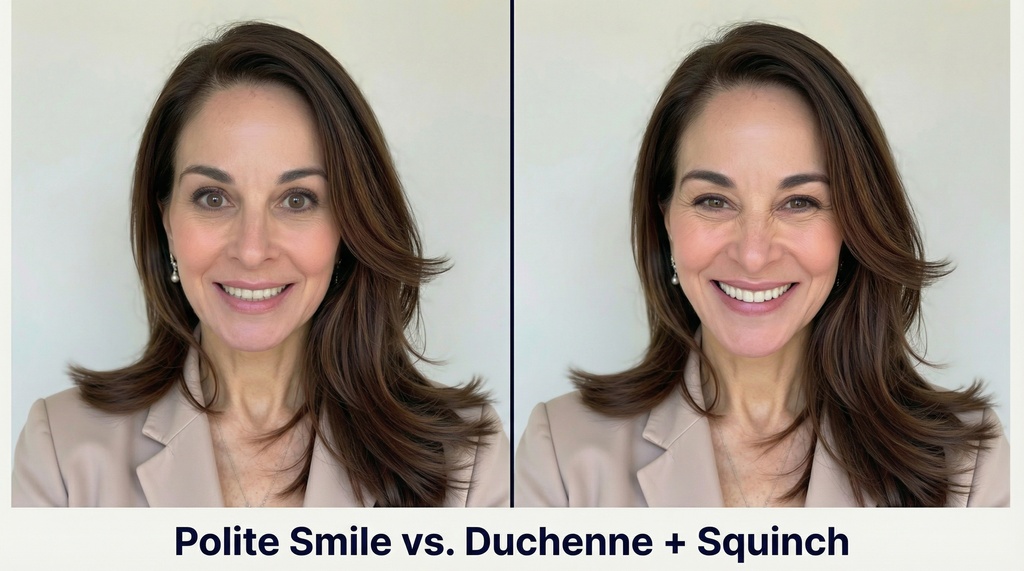 Side-by-side comparison of the same professional woman showing a polite fake smile on the left versus a genuine Duchenne smile with squinched eyes on the right