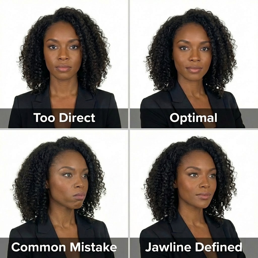 2x2 grid showing the same professional woman in four different poses: straight-on (too direct), 2/3 turn with lean (optimal), chin pulled back (common mistake), and chin extended forward (jawline defined)