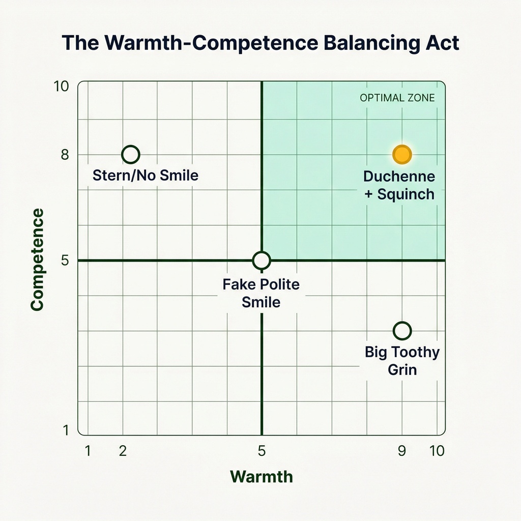 Quadrant diagram plotting four facial expressions on warmth versus competence scales from 1-10, showing Duchenne + Squinch achieving high scores in both dimensions