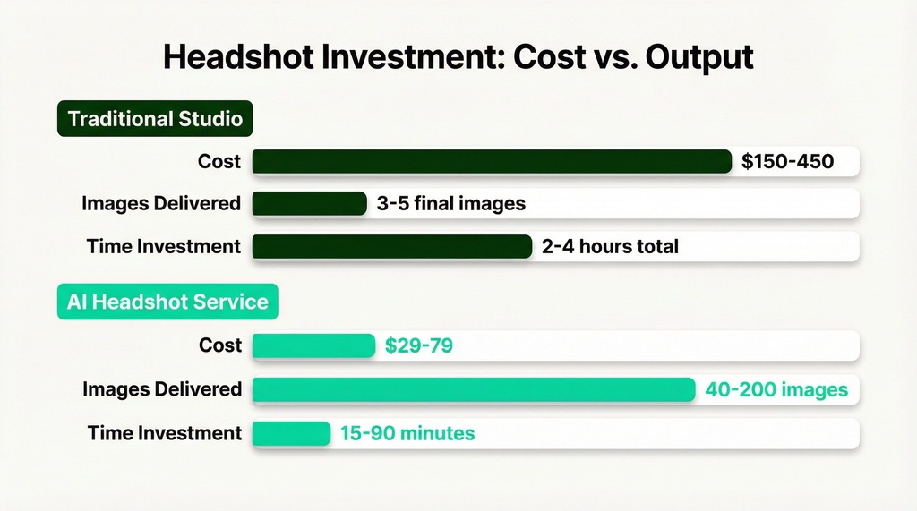 Horizontal bar chart comparing traditional studio photography versus AI headshot services across three metrics: cost, number of images, and time required
