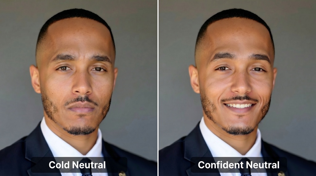 Side-by-side studio portraits of the same male financial advisor in a navy suit. Left panel shows a flat, stern, emotionless expression. Right panel shows a slight, genuine smile with warm eyes and a relaxed gaze.