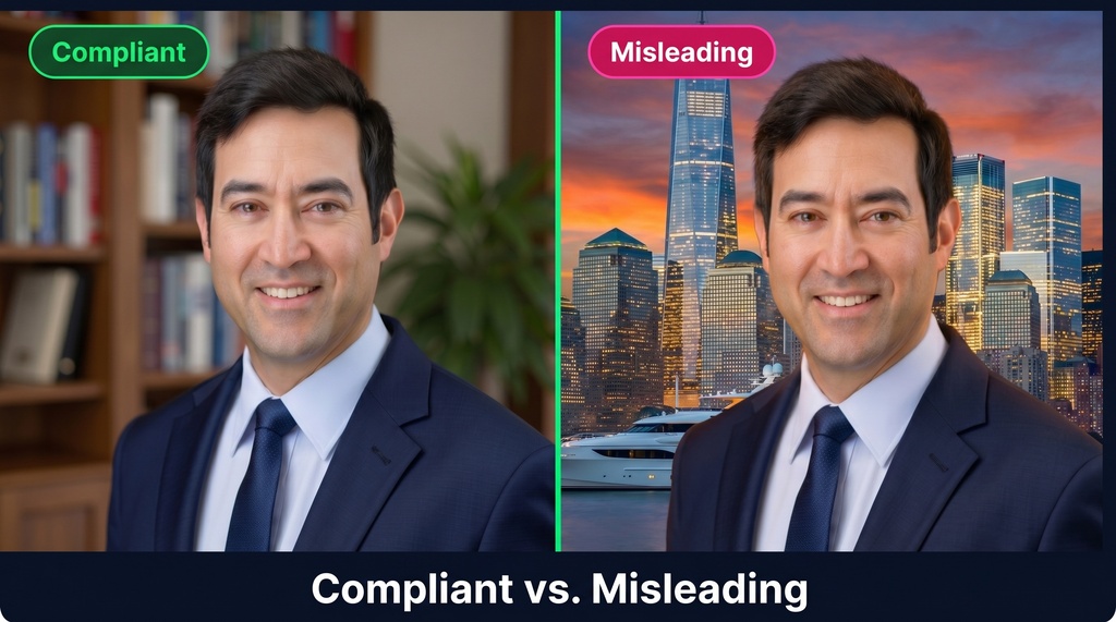 Side-by-side comparison of a financial advisor's headshot: left panel shows a compliant real blurred office background labeled 'Compliant,' right panel shows the same advisor digitally composited onto a fake luxury Wall Street skyline with a yacht, labeled 'Misleading'